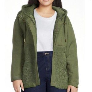 New $50 Time and Tru Women Mixed Media‎ Snap Sherpa Hooded Jacket Green XL 16-18